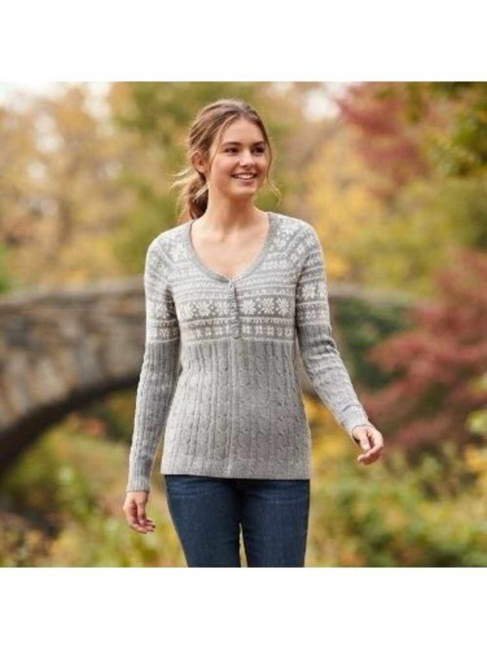 Vintage Y2K Sz L/XL Babydoll Cable Knit Bella Swan Gray Henley Womens Sweater